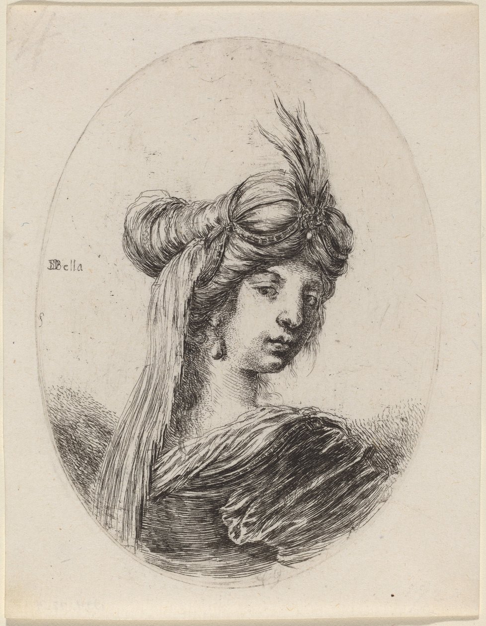 Kvinna i fjäderturban med slöja, vänd åt höger, 16491650. av Stefano della Bella