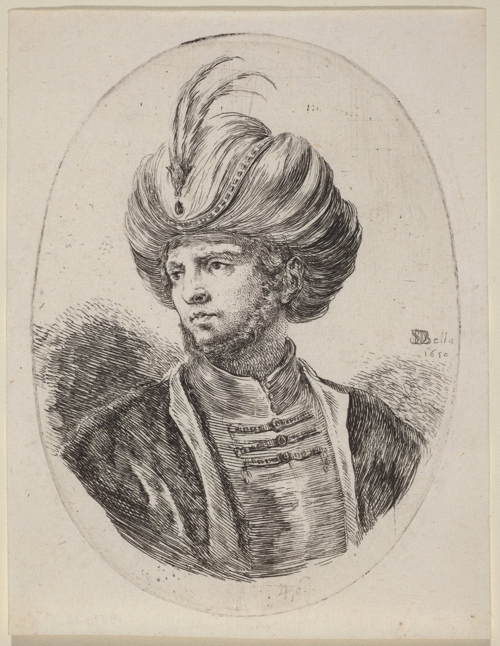 Ung mor med lätt skägg och fjäderprydd turban, vänd åt vänster av Stefano della Bella