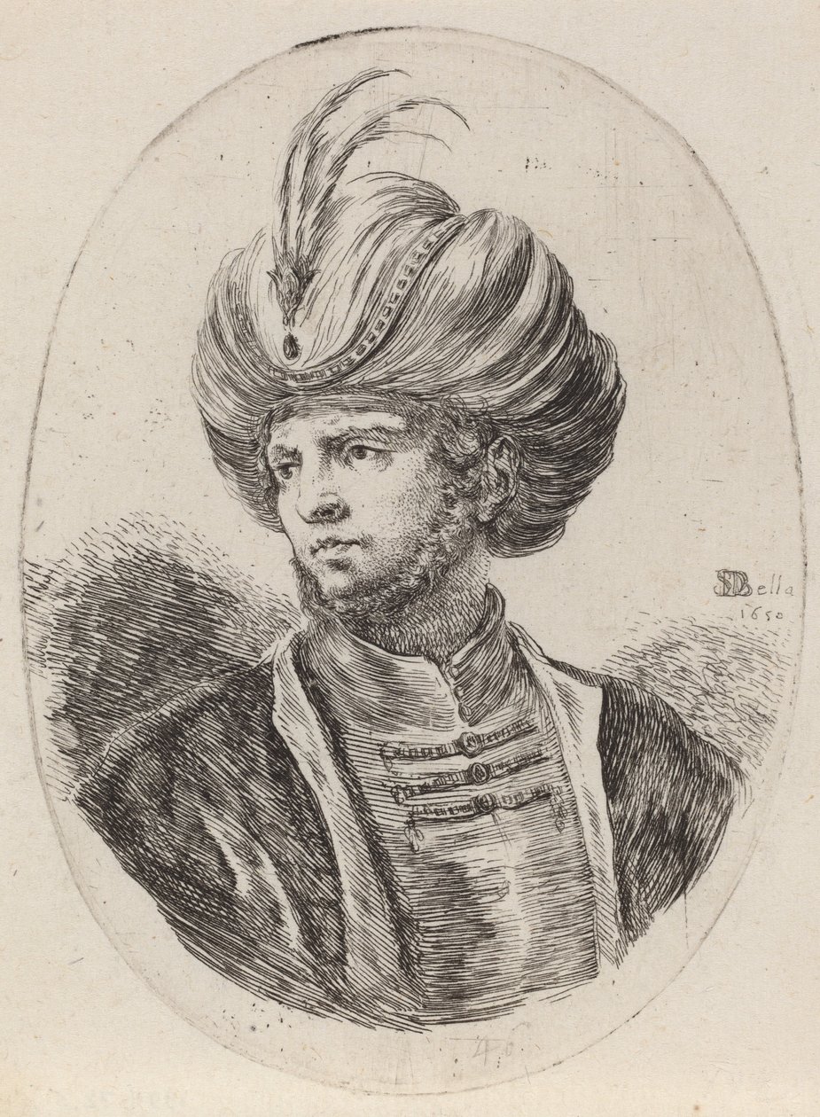 Ung hed med lätt skägg och fjäderturban, vänd åt vänster, 1650. av Stefano della Bella