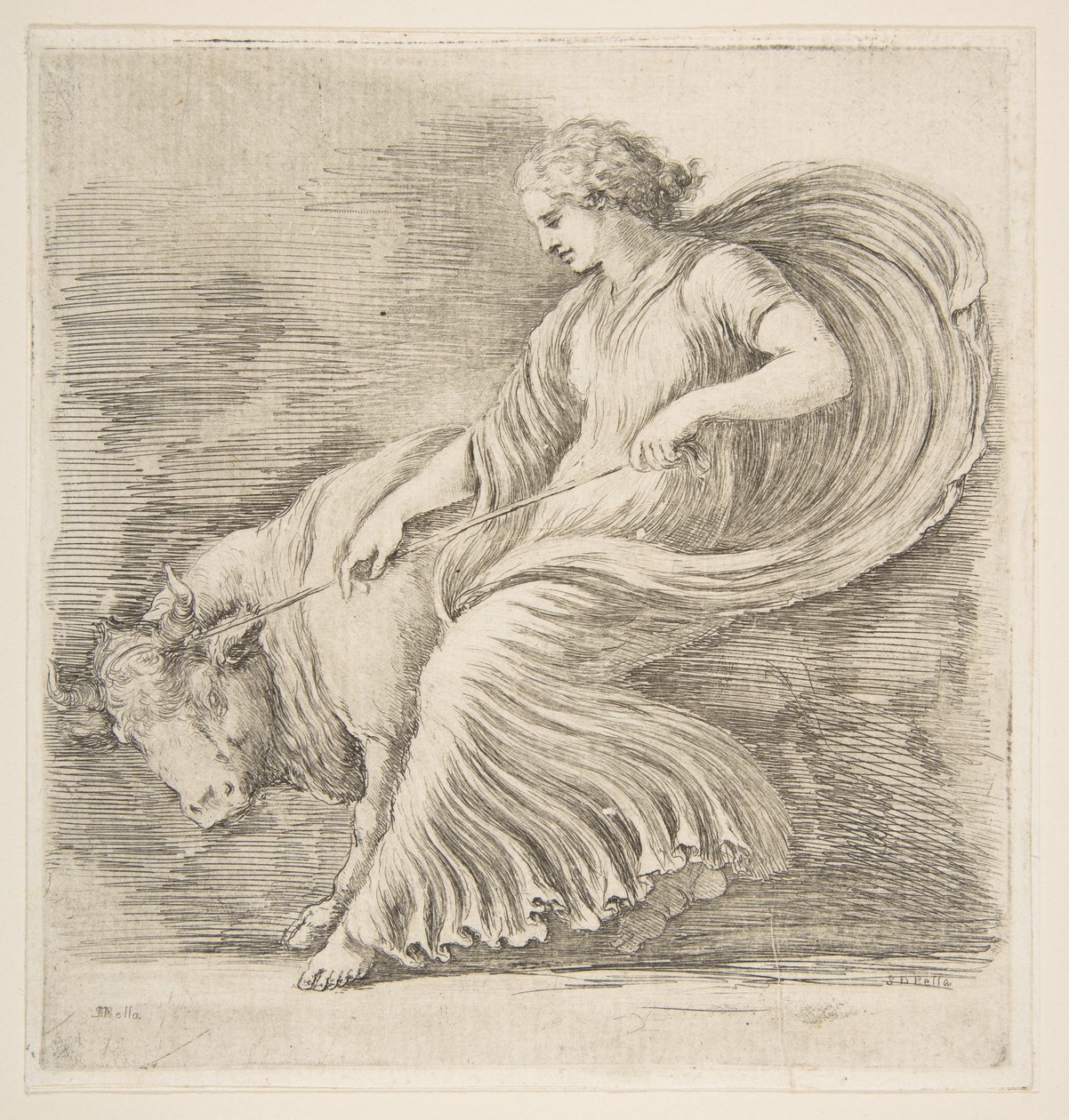 Ung kvinna som försöker stoppa en tjur, ca. 1660. av Stefano della Bella