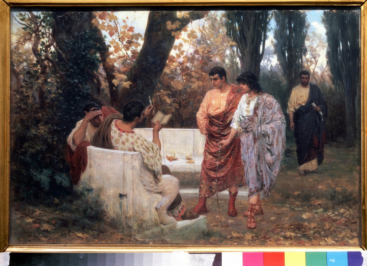 Den romerske poeten Catullus (87-54 f.Kr.) läser sin dikt (den romerske poeten Catullus läser sin dikt). Målning av Stepan Vladislavovich Bakalovich (1857-1947). Olja på duk, 26,8 x 39 cm av Stepan Vladislavovich Bakalovich