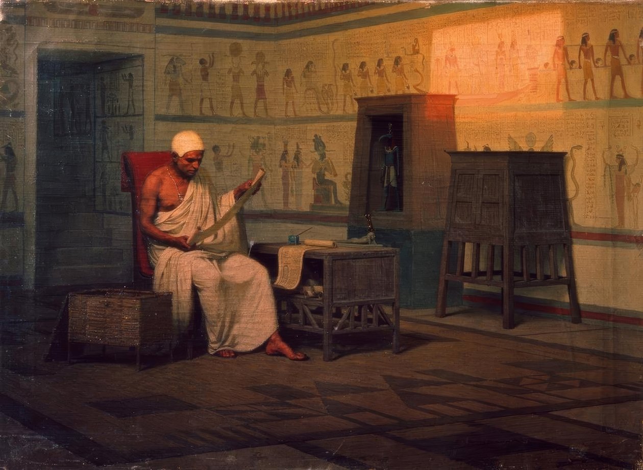 Egyptisk präst läser en papyrus av Stepan Wladislawowitsch Bakalowitsch