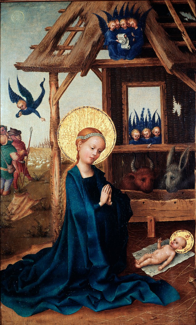 Tillbedjan av barnet Målning av Stephan Lochner (ca 1410-1451) 1400-talets Alte Pinakothek, München av Stephan Lochner