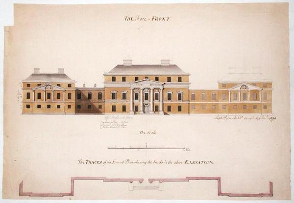 Markplan och höjd för en villa, 1763 (grafit, penna och bläck och tvätt på papper) av Stephen Riou