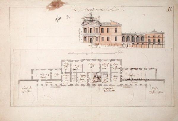 Markplan och höjd för en villa, 1763 (grafit, penna och brunt bläck och tvätt på papper) av Stephen Riou