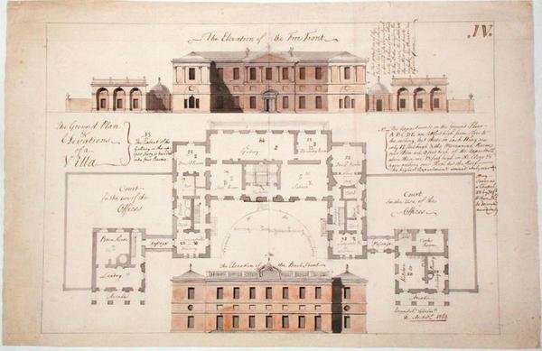 Markplan och höjder för en rejäl villa, 1770 (grafit, penna och bläck och tvätt på papper) av Stephen Riou