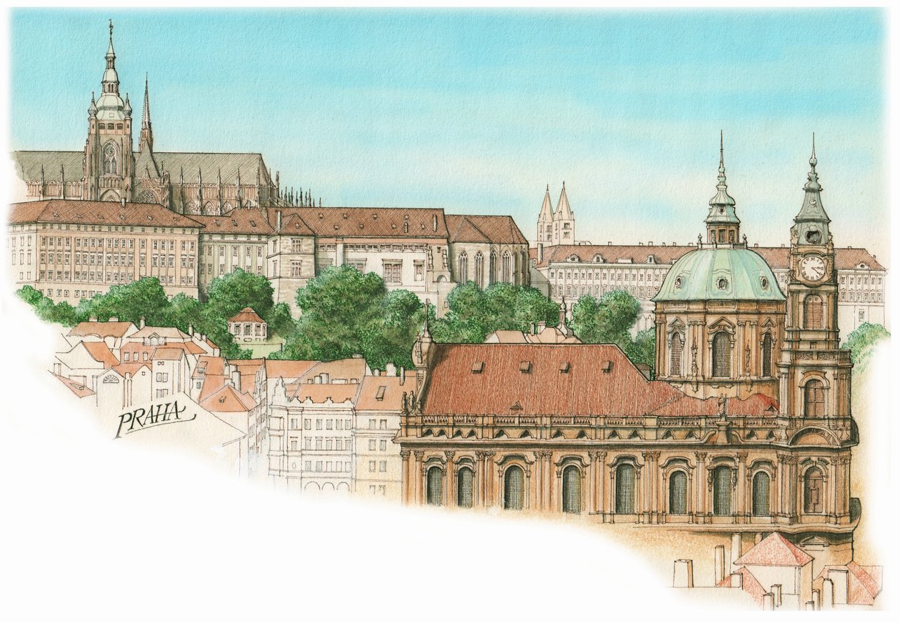En vy över Prag, ca 1900-2023 (bläck och akvarell) av Stephen Conlin