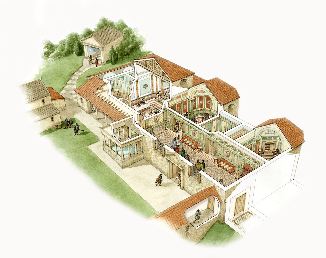 Chedworth Roman Villa, ca 380-390 e.Kr (bläck och akvarell på papper) av Stephen Conlin