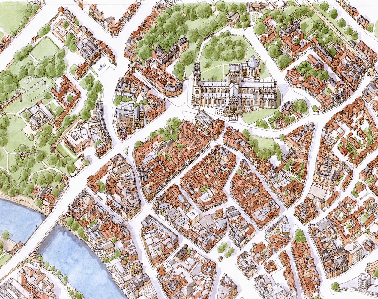Flygbild över staden York (ritad 1996) av Stephen Conlin