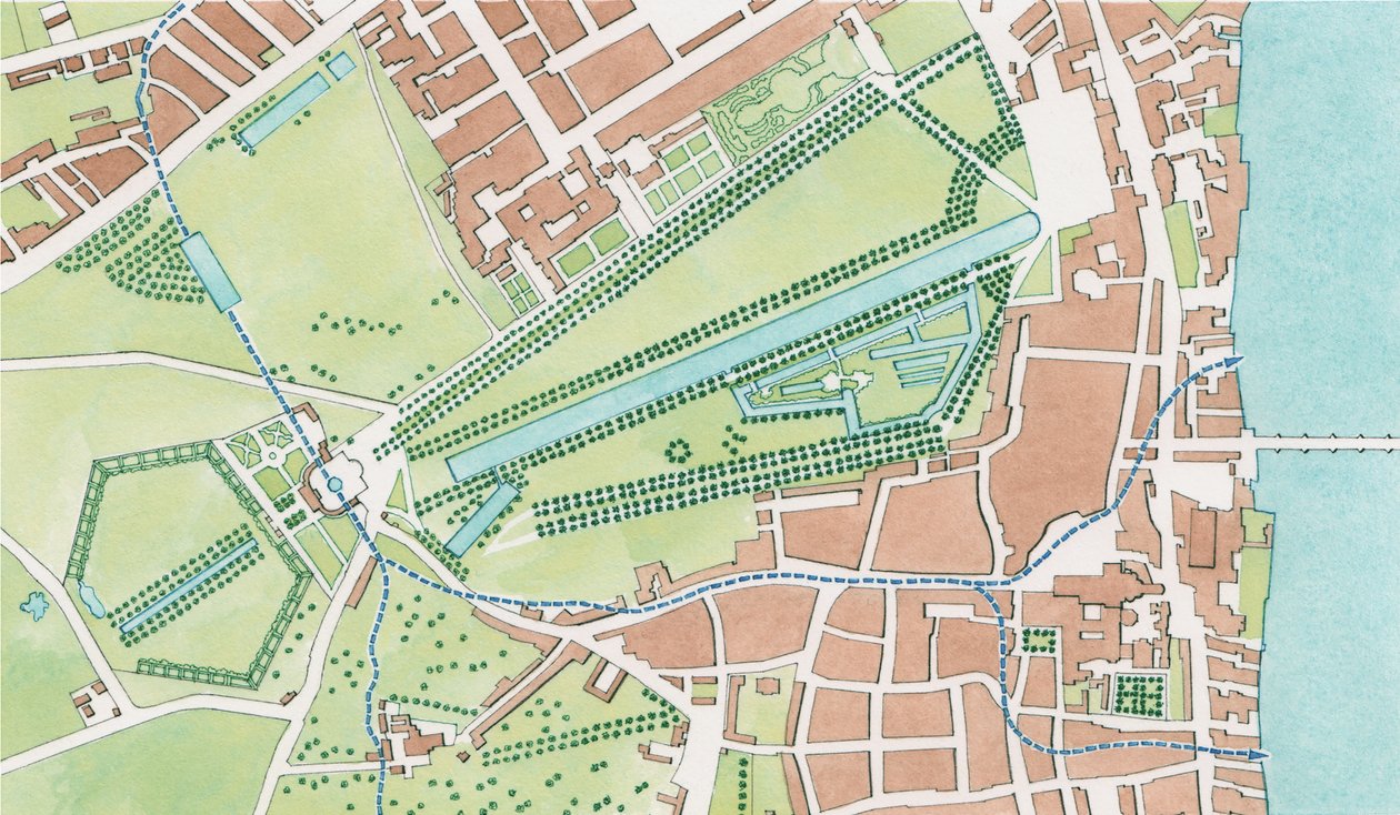 Floden Tyburns lopp, Westminster år 1747 (tusch och akvarell) av Stephen Conlin