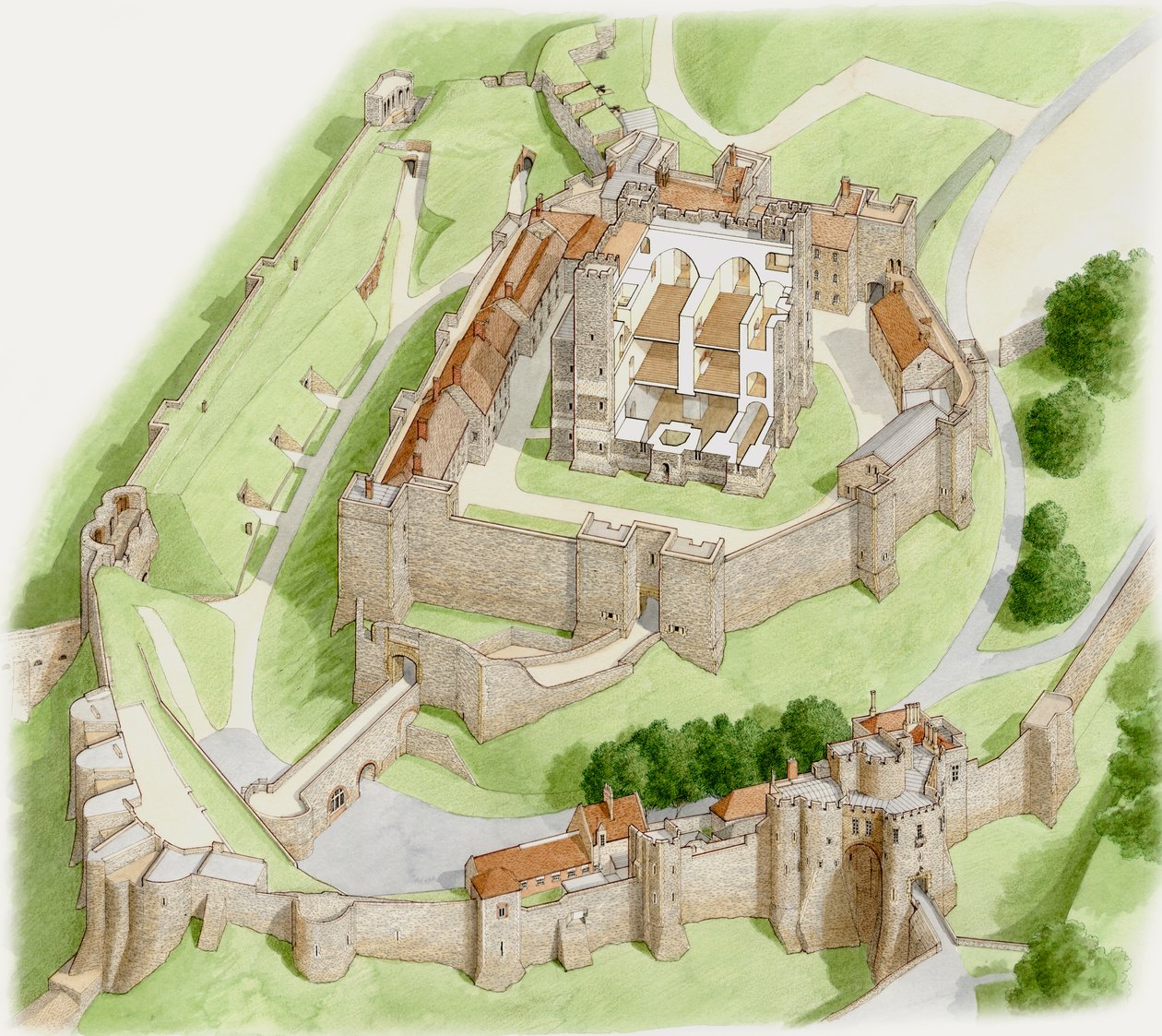 Dover Castle Today, ca 1945-2023 (bläck och akvarell på papper) av Stephen Conlin