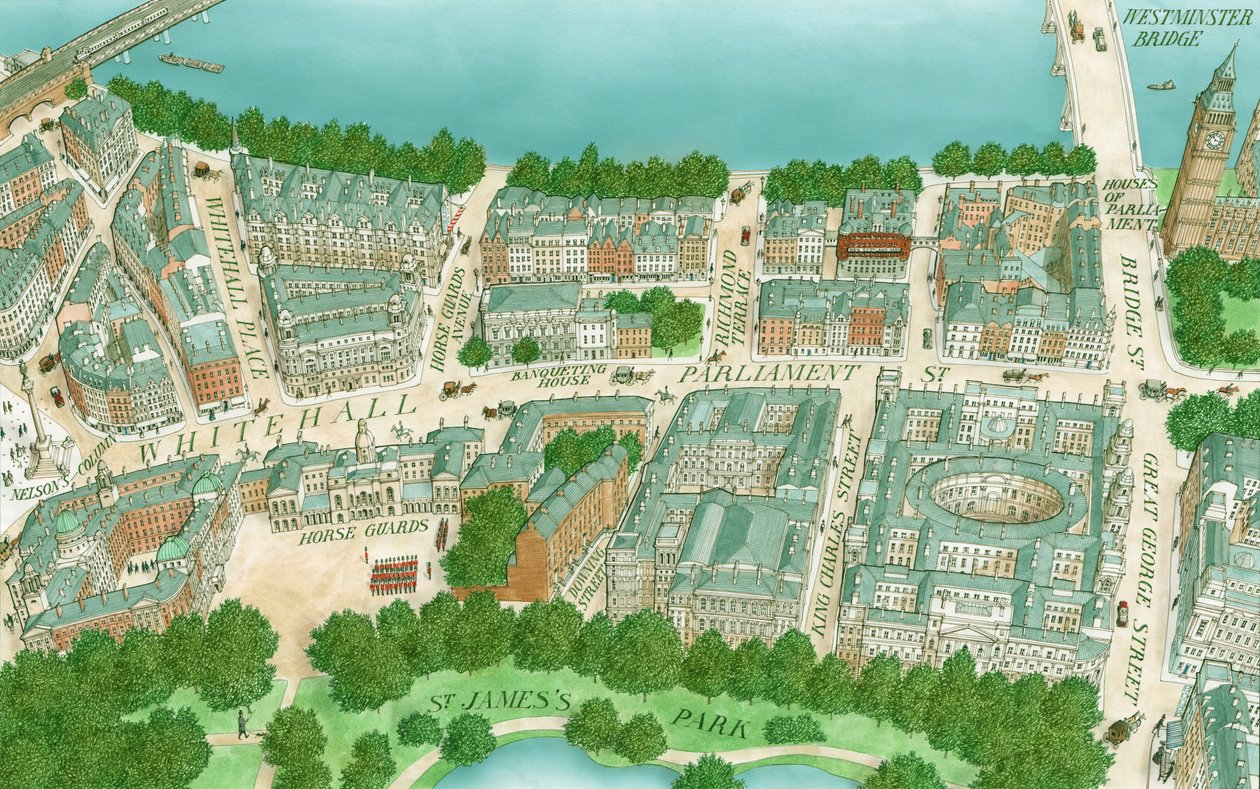 Edwardian Whitehall, London, ca 1890-1905 (ritad 1995) (tusch, airbrush och akvarell) av Stephen Conlin
