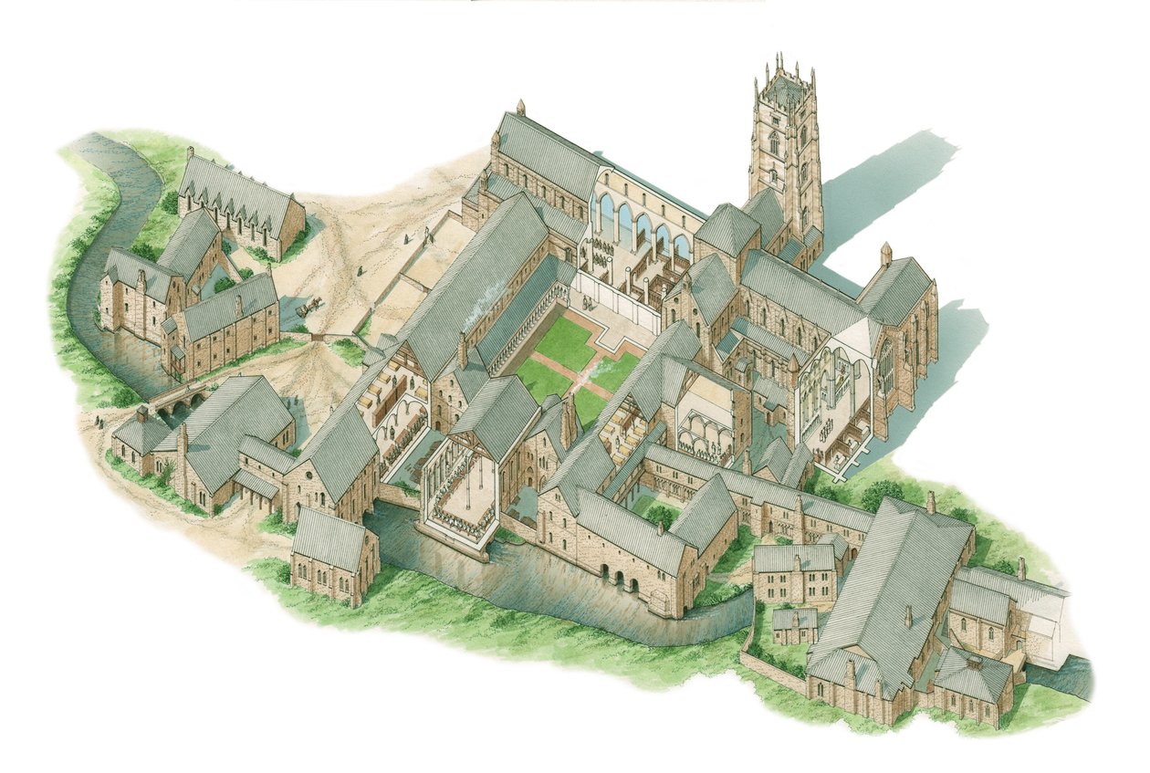 Fountains Abbey, Yorkshire, ca 1520-1539 (bläck och akvarell) av Stephen Conlin