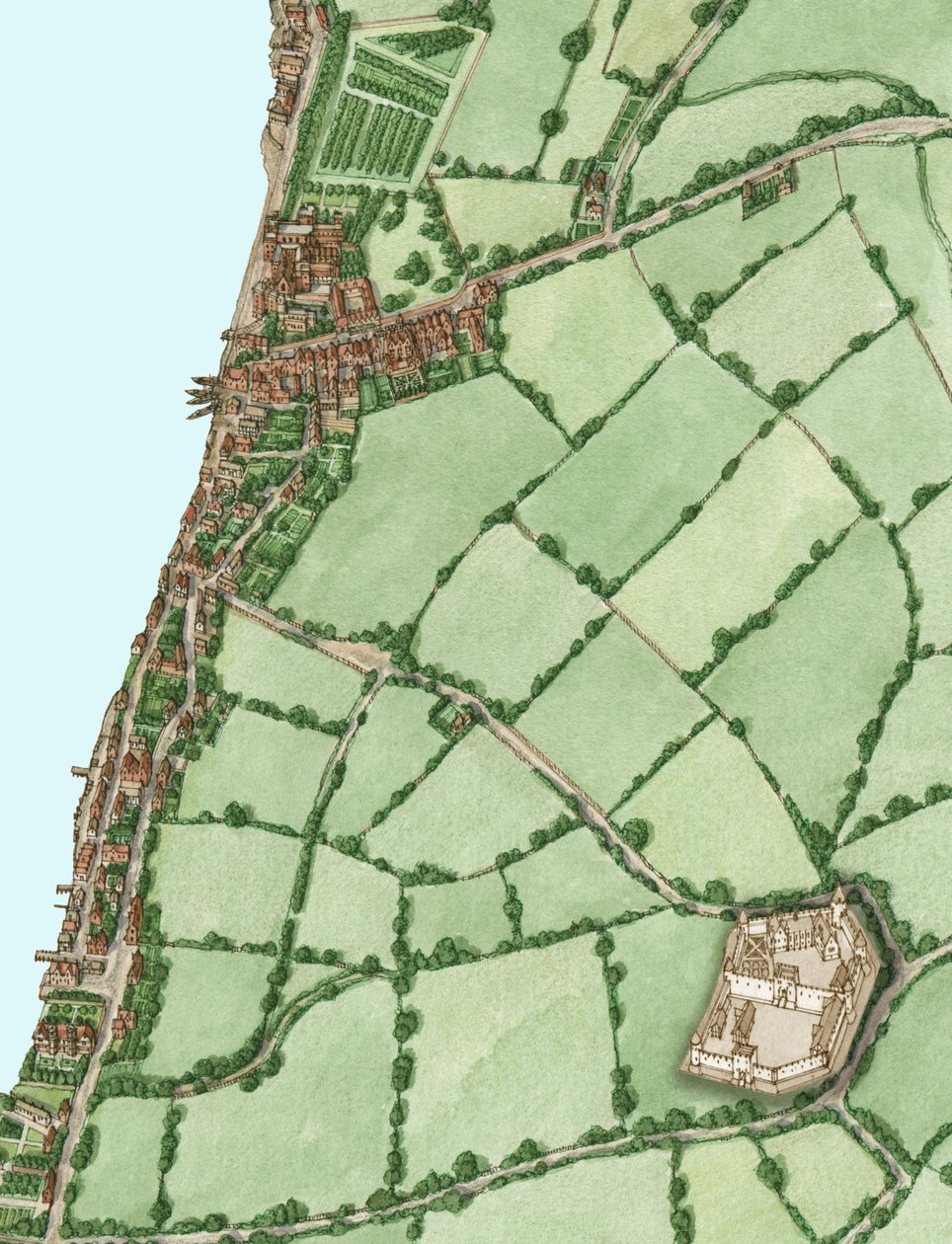 Lambeth och Vauxhall ca 1600, med infälld bild av det medeltida Kennington Castle, 2021 (tusch och akvarell, digital) av Stephen Conlin