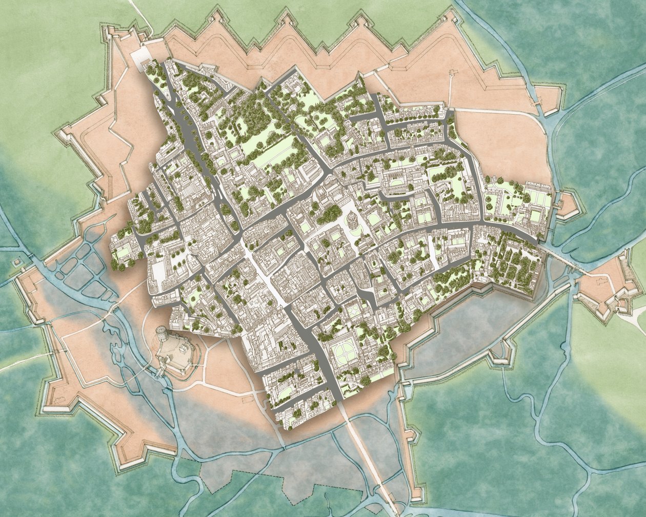 Moderna Oxford över inbördeskrigets försvarsverk, ca 1644-1646 (tusch, akvarell, digital redigering) av Stephen Conlin