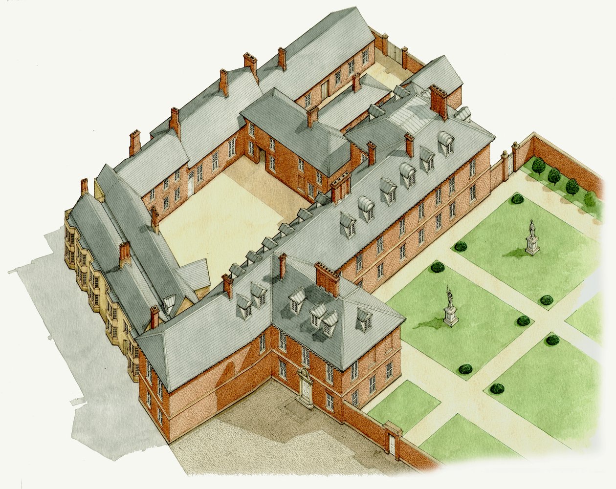 Newmarket Palace, Suffolk, ca 1670-1683 (bläck och akvarell) av Stephen Conlin