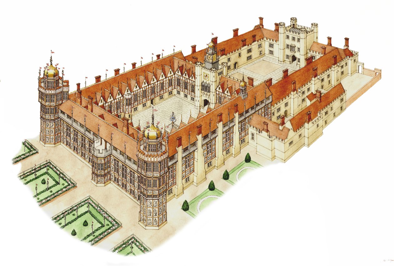 Nonsuch Palace, Surrey, ca 1540-1600 (bläck och akvarell) av Stephen Conlin