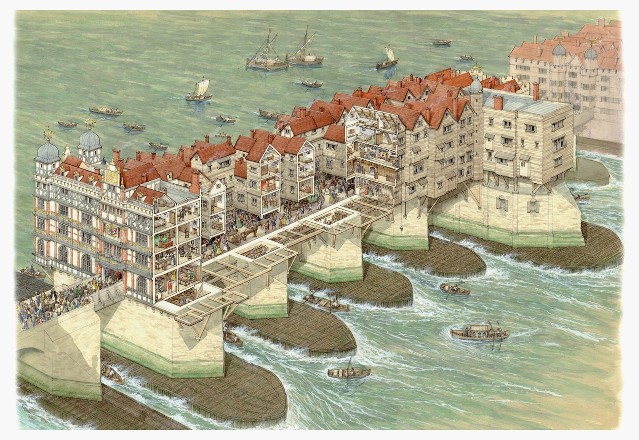 Old London Bridge (centrala delen), ca 1580-1600 (tusch och akvarell) av Stephen Conlin