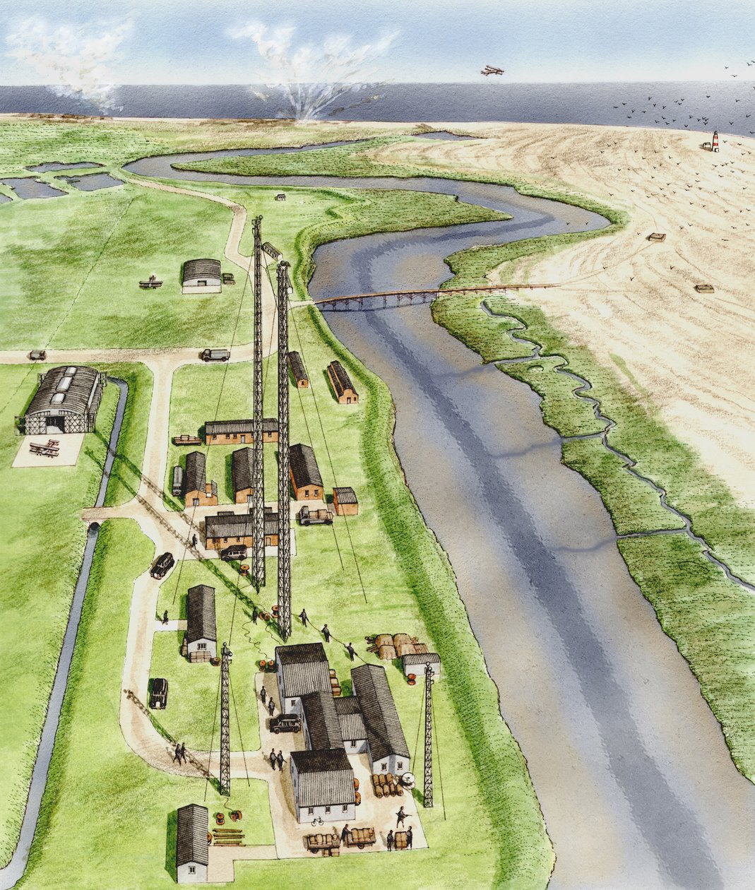 Orford Ness, Suffolk, ca 1935-1945 (tusch, airbrush, akvarell) av Stephen Conlin
