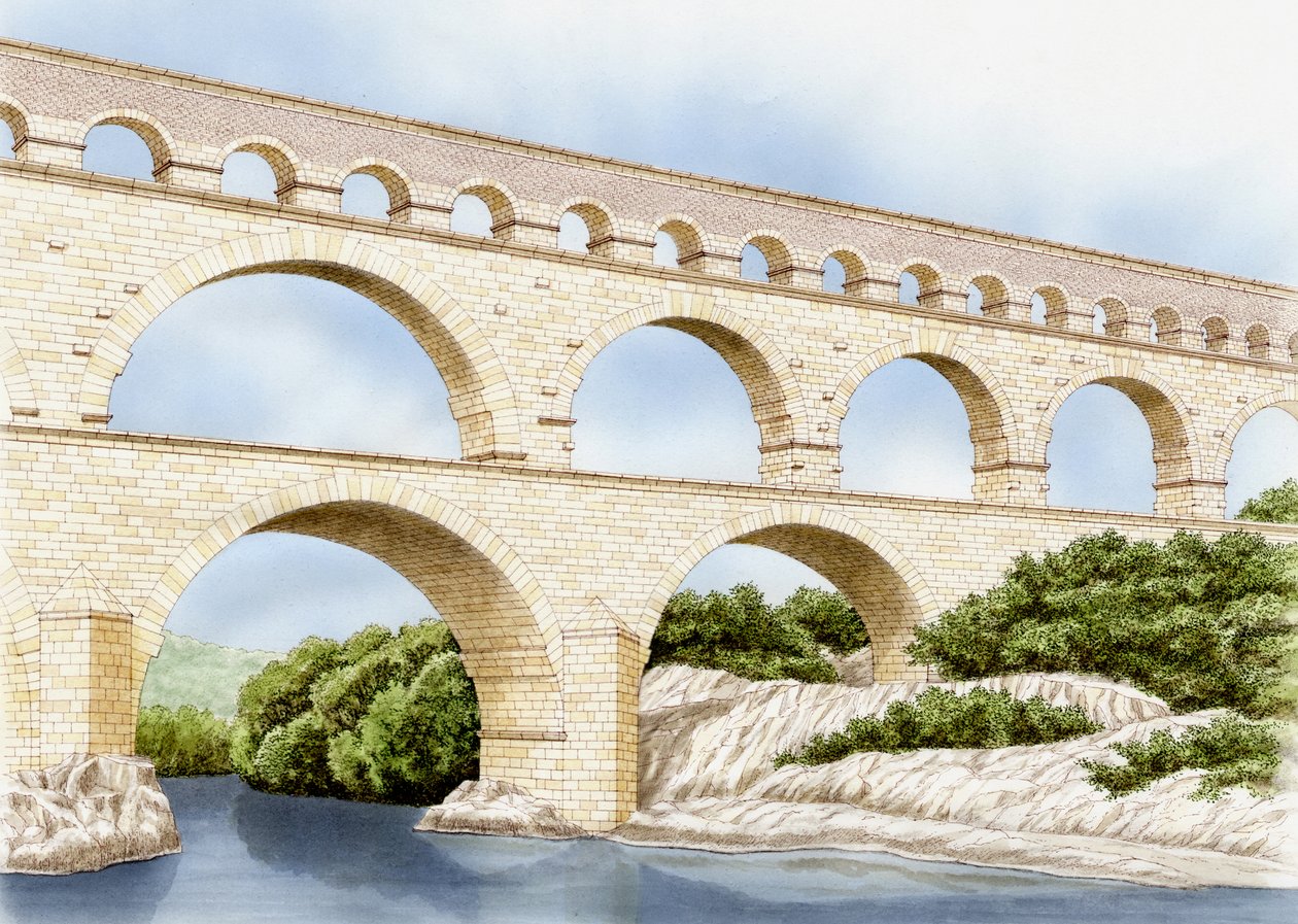 Pont de Gard idag, Frankrike, ca 1900-2023 (tusch och akvarell) av Stephen Conlin