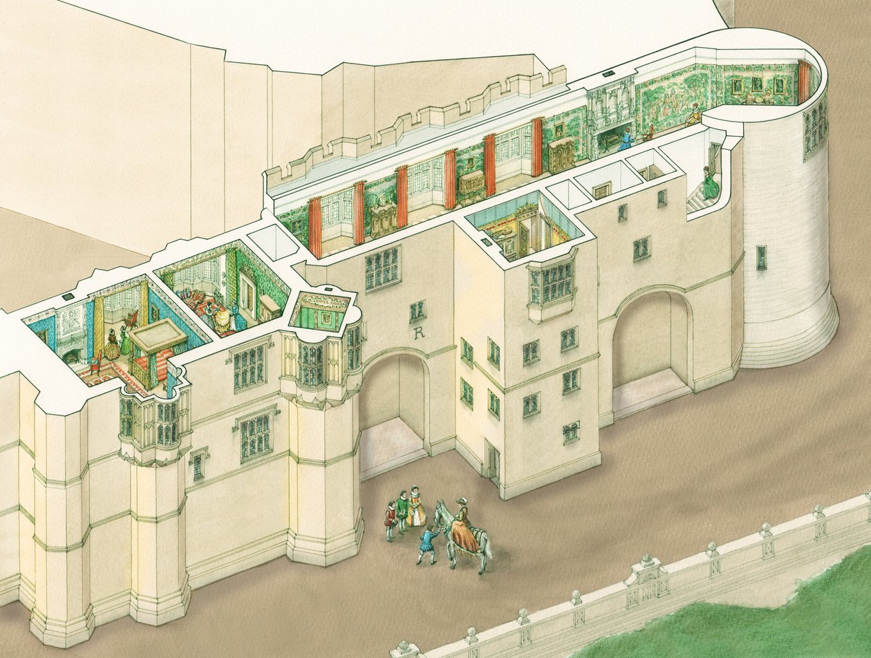 Drottning Elizabeth I:s norra galleri på Windsor Castle, Berkshire, ca 1578-1603 (bläck och akvarell) av Stephen Conlin