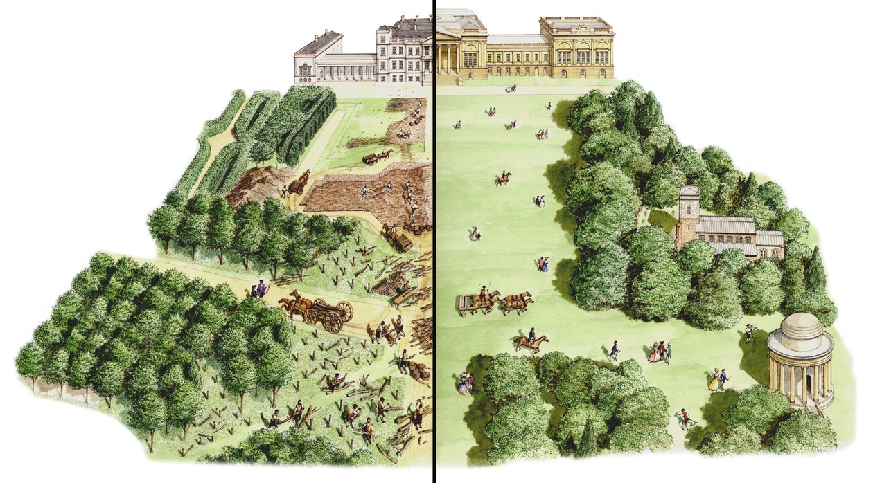 Utvecklingen av Stowe Landscape Gardens, Buckinghamshire, ca 1741-1780 (tusch och akvarell) av Stephen Conlin