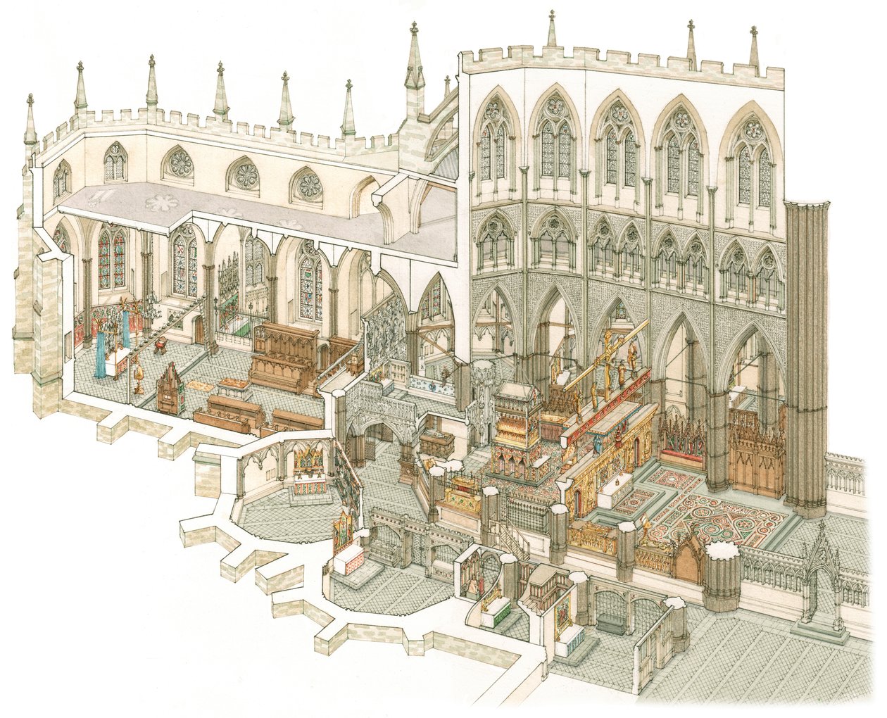 The East End of Westminster Abbey strax före reformationen, ca 1500-1525 (tusch och akvarell) av Stephen Conlin