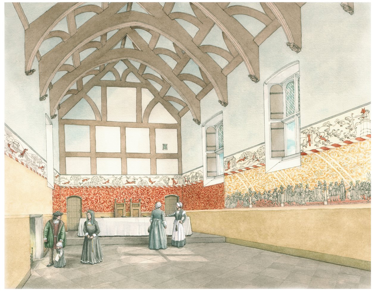 The Great Hall of Cothay Manor, Near Wellington,Somerset, 2016 (tusch och akvarell) av Stephen Conlin
