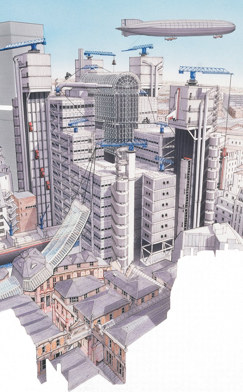 The Lloyds Building, City of London, ca 1987-1995 (tusch och akvarell) av Stephen Conlin