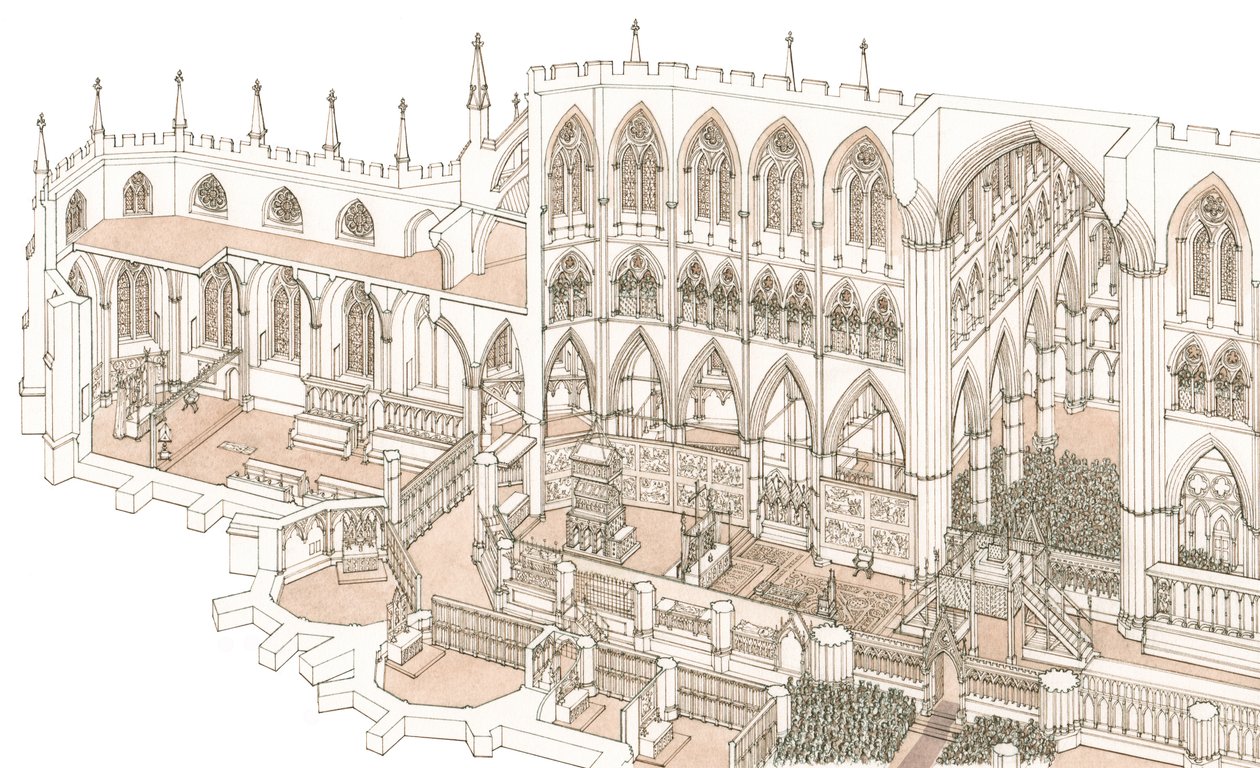 The Quire of Westminster Abbey vid tiden för kung Henrik IV:s kröning 1399, 2023 (bläck och akvarell) av Stephen Conlin
