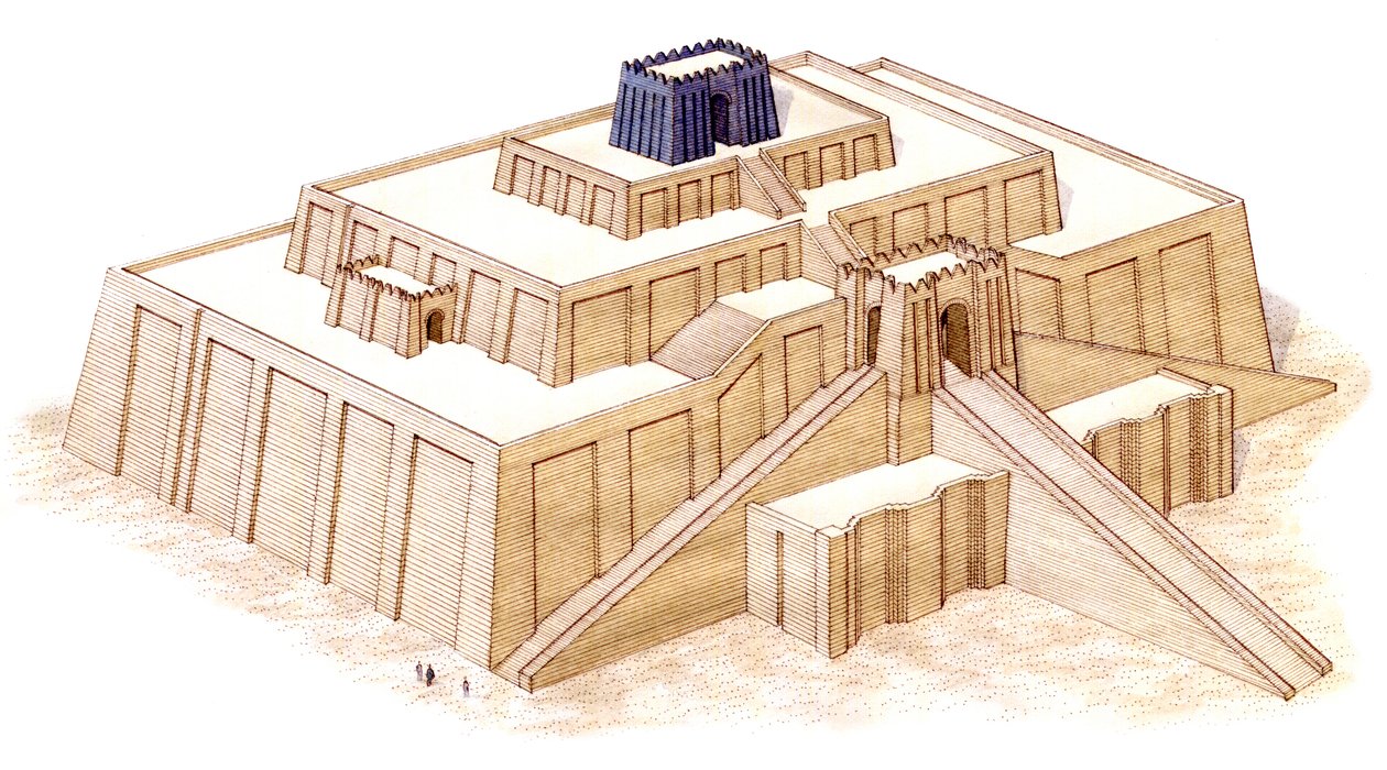 Ziggurat i Ur, förmodad restaurering från 600-talet f.Kr. (tusch och akvarell) av Stephen Conlin