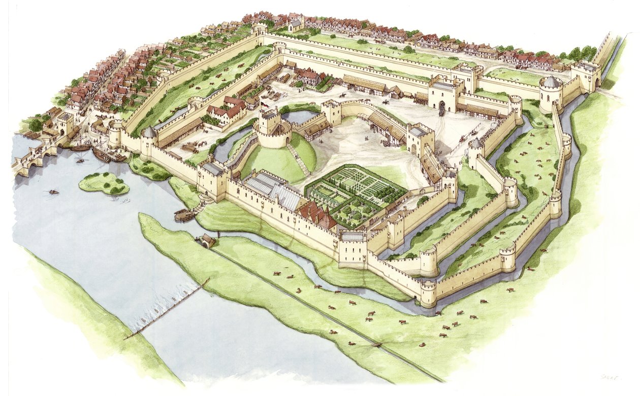 Wallingford Castle, Oxfordshire, ca 1300-1399 (bläck och akvarell) av Stephen Conlin