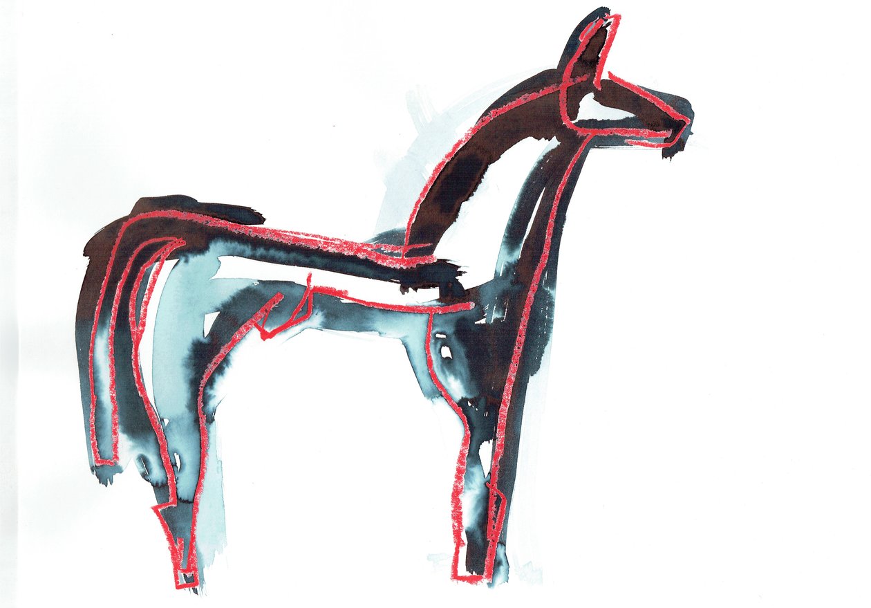 Horse III, 2016 (oljepastell  textilfärg på papper) av Stephen Dow