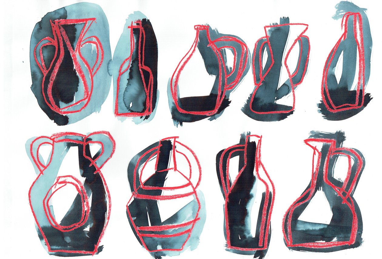 Nine Vessels, 2016 (oljepastell  textilfärg på papper) av Stephen Dow