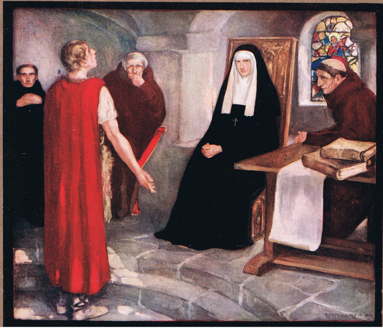 Caedmon före Saint Hilda (färg litho) av Stephen Reid