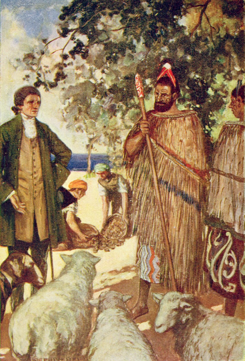 Kapten Cook (1728-79) ger de infödda några får och getter, illustration från 