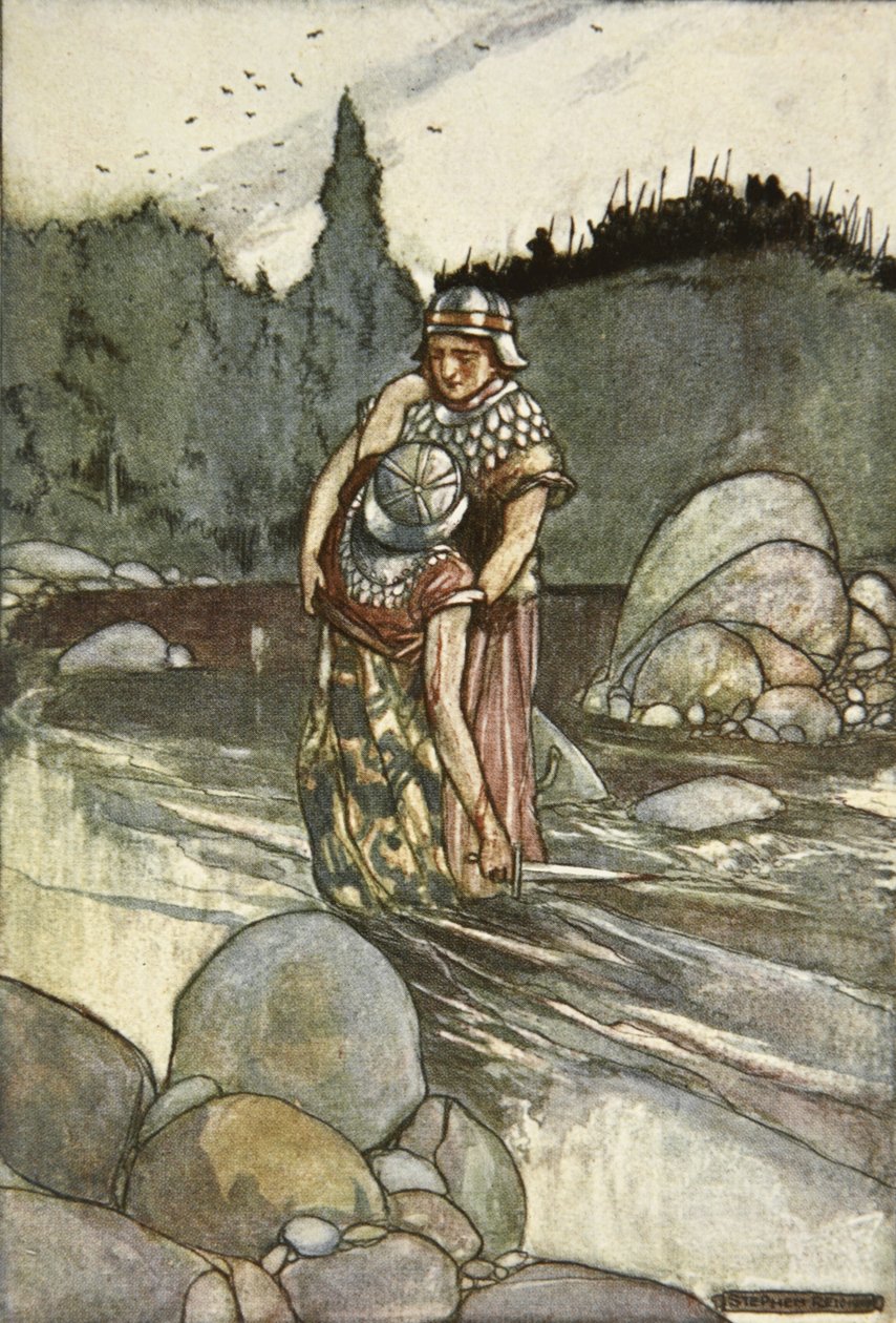 Ferdia faller för Cuchulains hand, illustration från "Cuchulain, The Hound of Ulster", av Eleanor Hull (1860-1935) av Stephen Reid