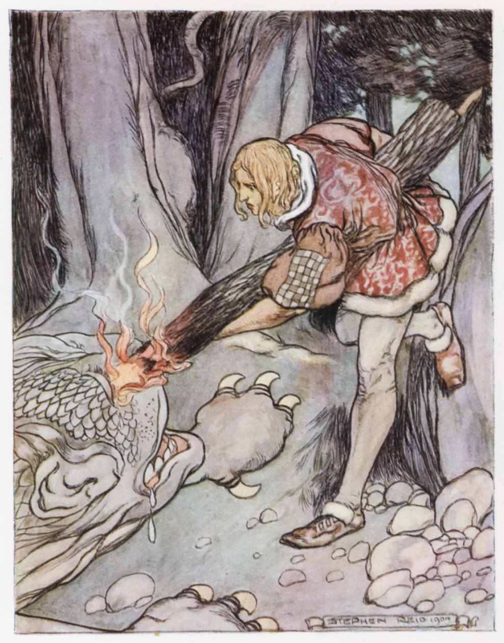 Illustration för Siegfried the Dragon-Slayer (färg litho) av Stephen Reid