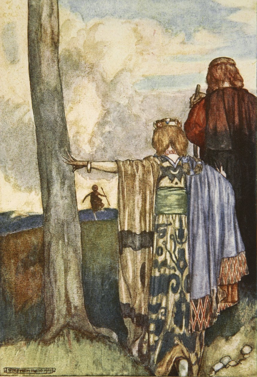 Drottning Maeve träffar Cuchulain, illustration från "Cuchulain, The Hound of Ulster", av Eleanor Hull (1860-1935) av Stephen Reid