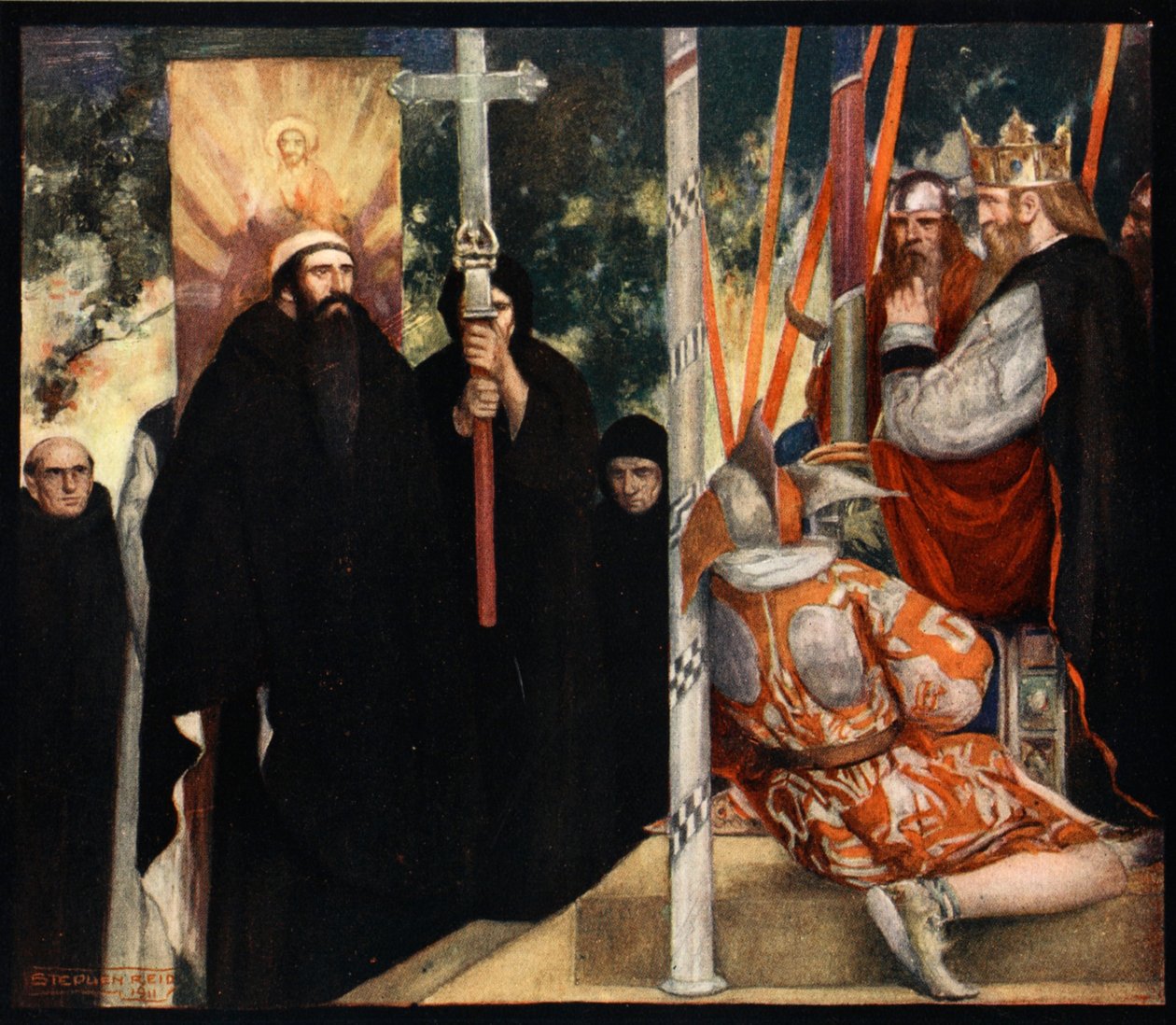 Mottagande av Saint Augustine av Ethelbert, illustration från "den mäktiga armén" av Winifred M. Letts, pub. 1912 (lito i färg) av Stephen Reid