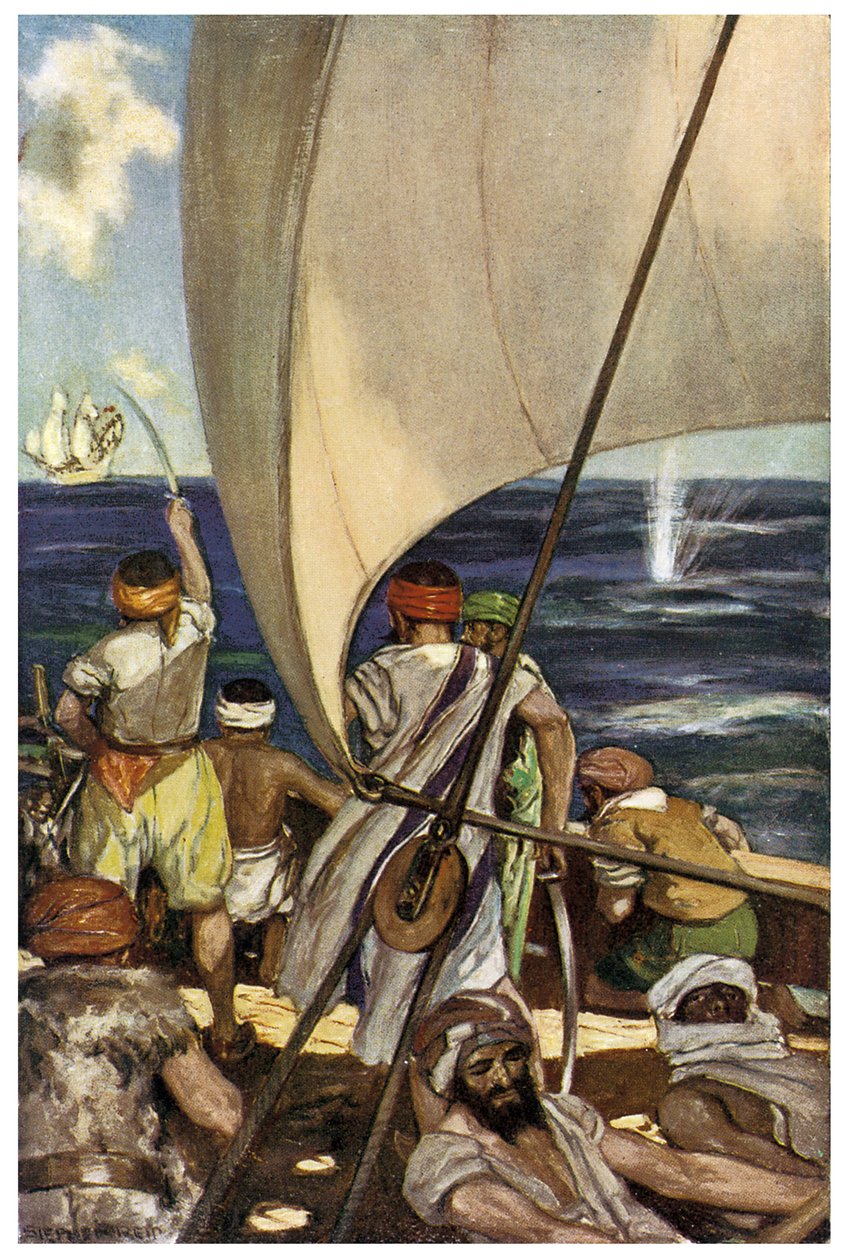 Representation of Barbaresque Pirates in the Mediterranee Sea Illustration av Stephen Reid (1873-1948) i Henry Gilberts "The Boy