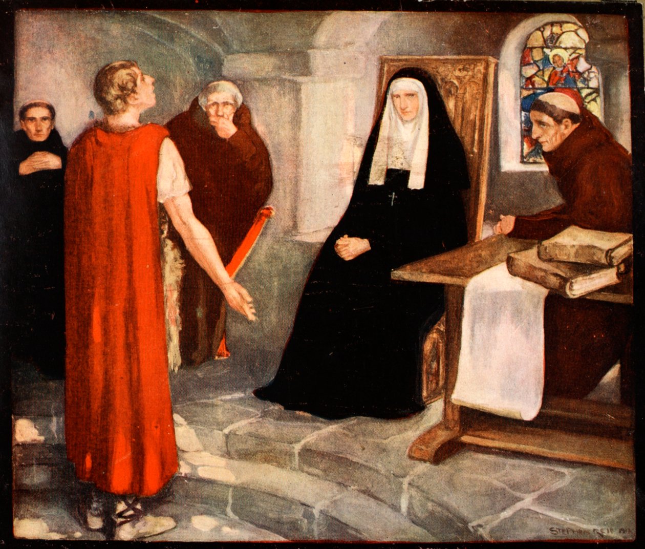 Sanktt Hilda av Whitby, illustration från "den mäktiga armén" av Winifred M. Letts, pub. 1912 (lito i färg) av Stephen Reid