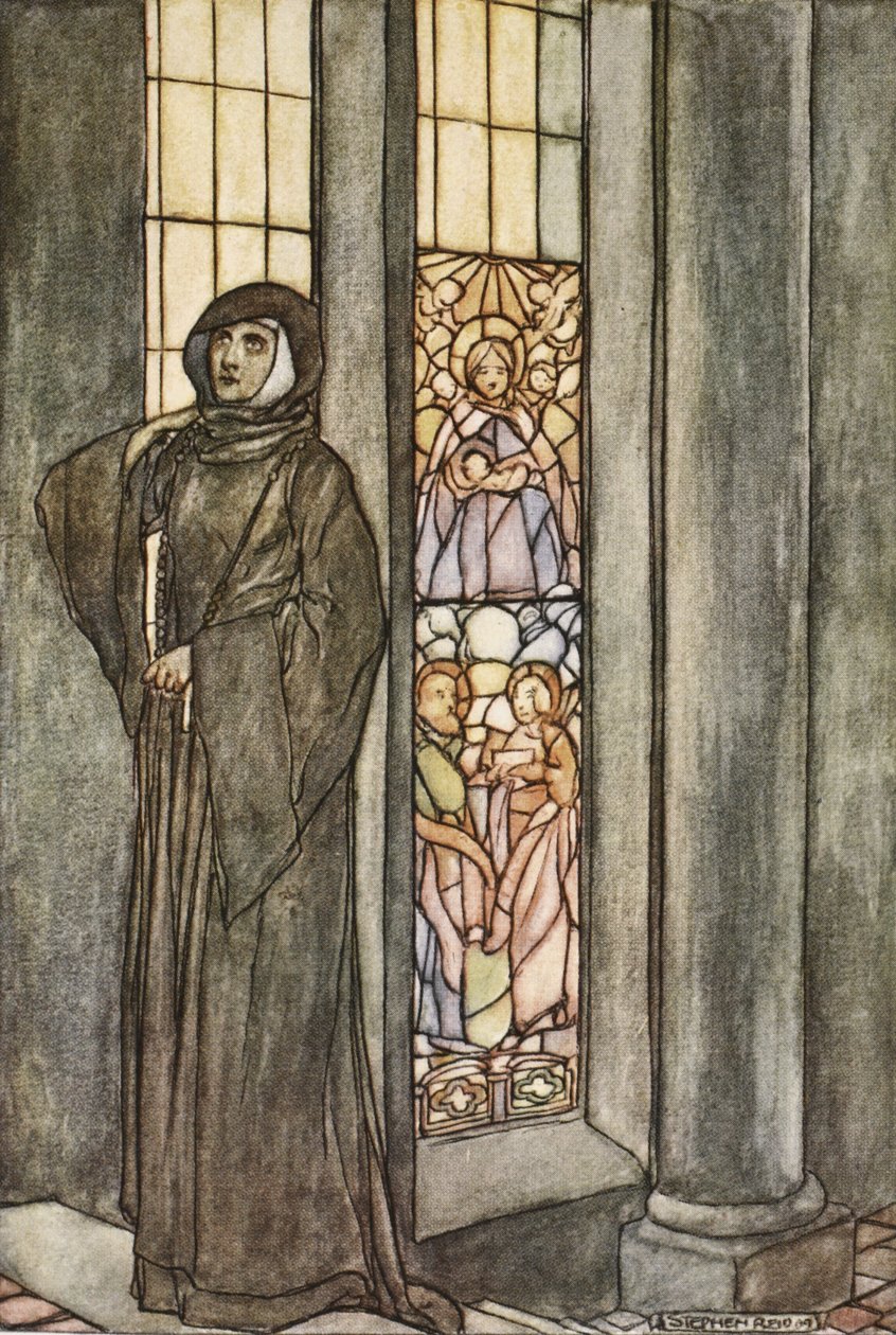 Hon hörde sitt eget namn kallas om och om igen, illustration från "The High Deeds of Finn, and other Bardic Romances of Ancient Ireland" av T.W. Rolleston (färg litho) av Stephen Reid