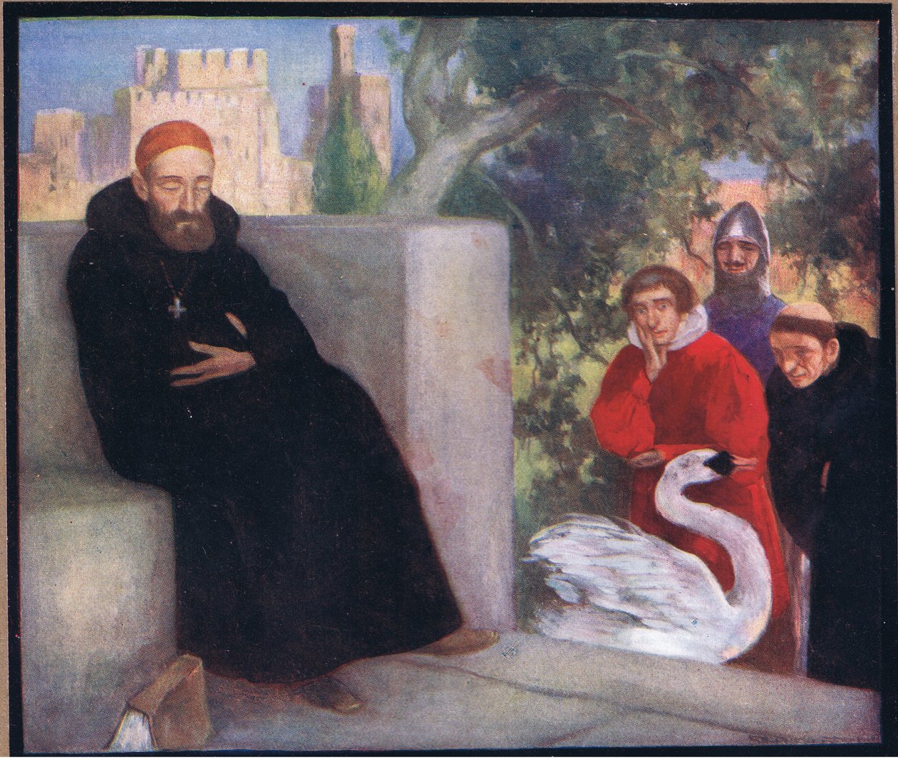 St Hugh av Lincoln och svanen (färg litho) av Stephen Reid