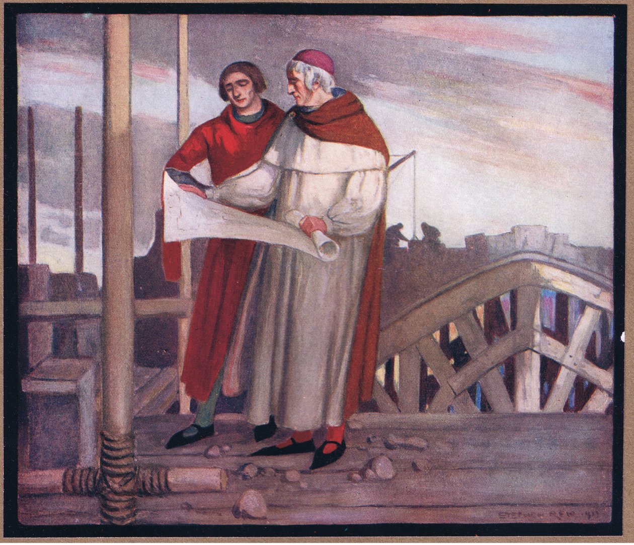 Byggnaden av Winchester Cathedral (färg litho) av Stephen Reid