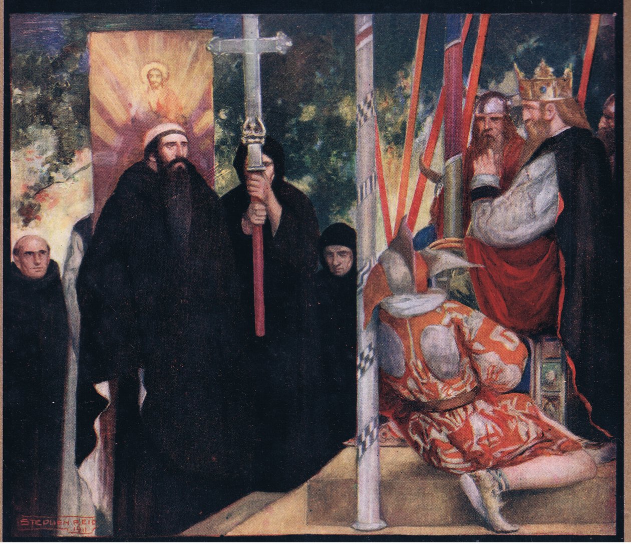 Mottagandet av Saint Augustine av Ethelbert (färg litho) av Stephen Reid