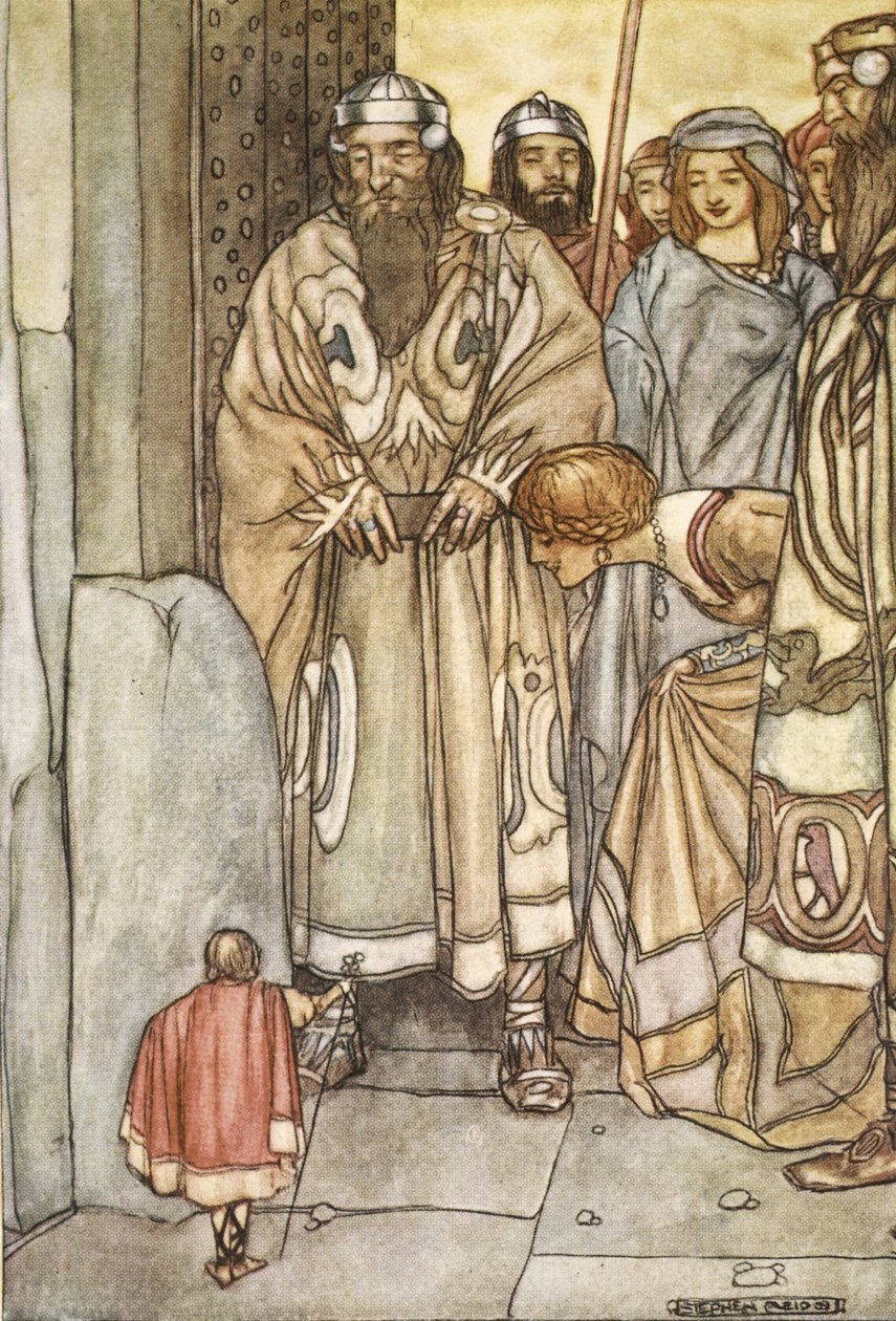 De truppade alla ut, herrar och damer, för att se den lilla mannen, illustration från "The High Deeds of Finn, and other Bardic Romances of Ancient Ireland" av T.W. Rolleston (färg litho) av Stephen Reid
