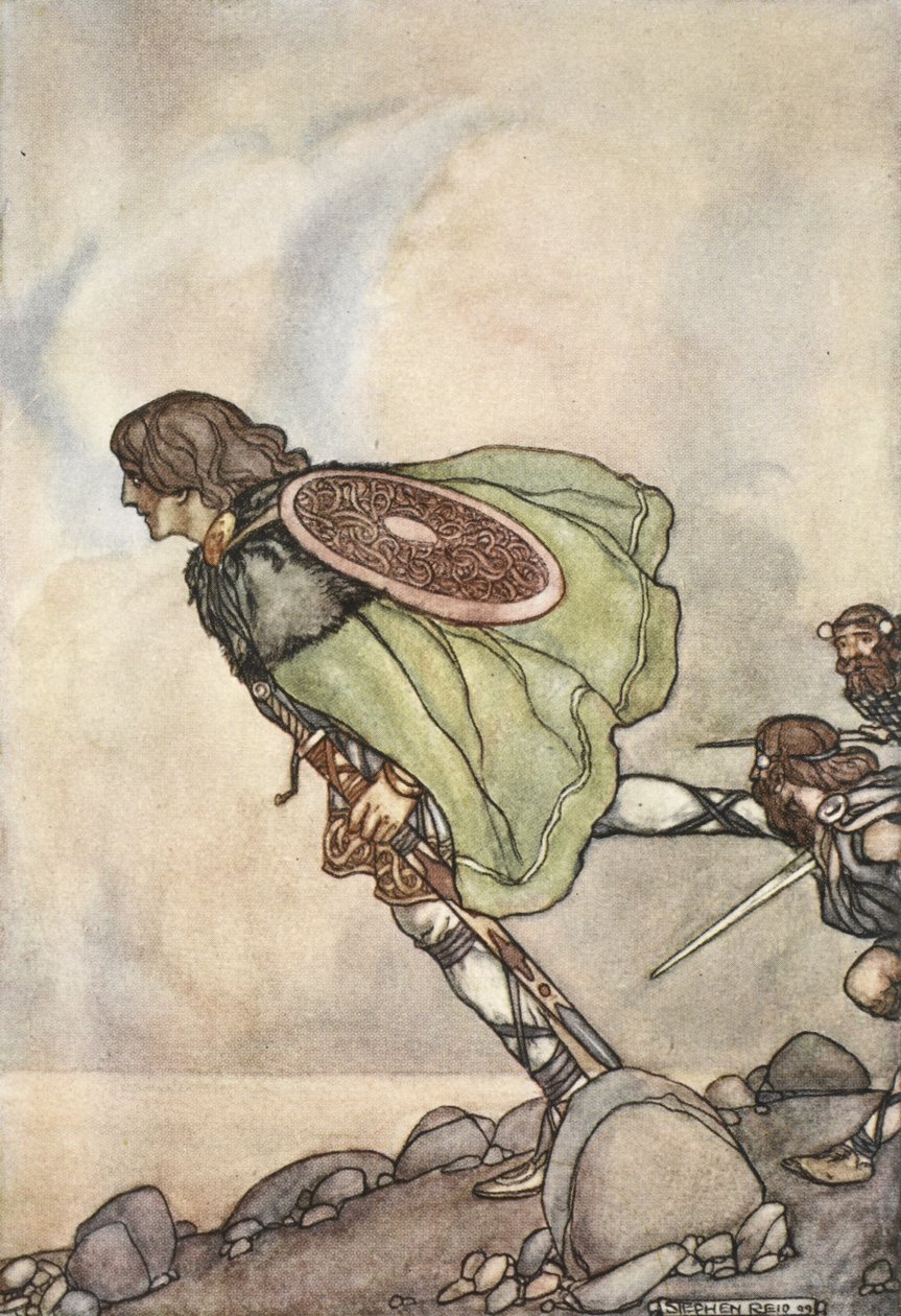 De körde honom med kulle och flygplan, illustration från "The High Deeds of Finn, and other Bardic Romances of Ancient Ireland" av T.W. Rolleston (färg litho) av Stephen Reid