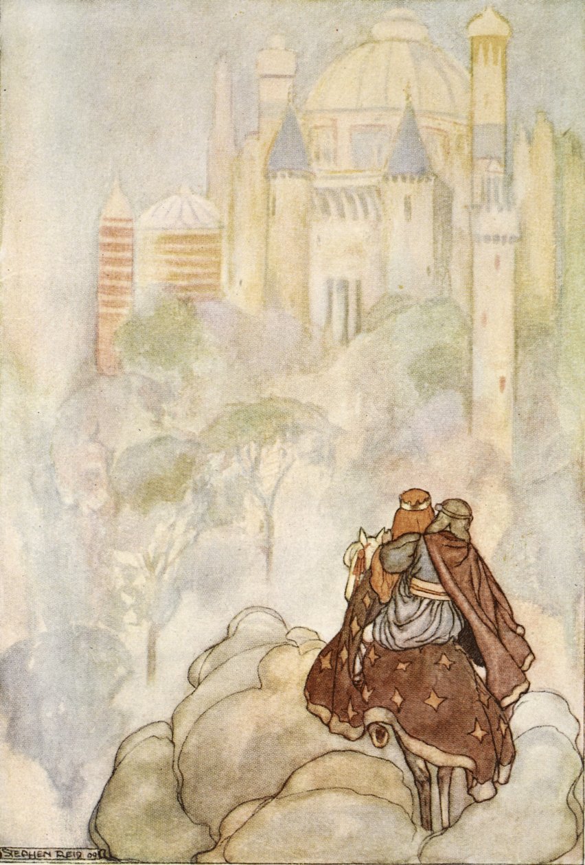 De red upp till ett ståtligt palats, illustration från "The High Deeds of Finn, and other Bardic Romances of Ancient Ireland" av T.W. Rolleston (färg litho) av Stephen Reid