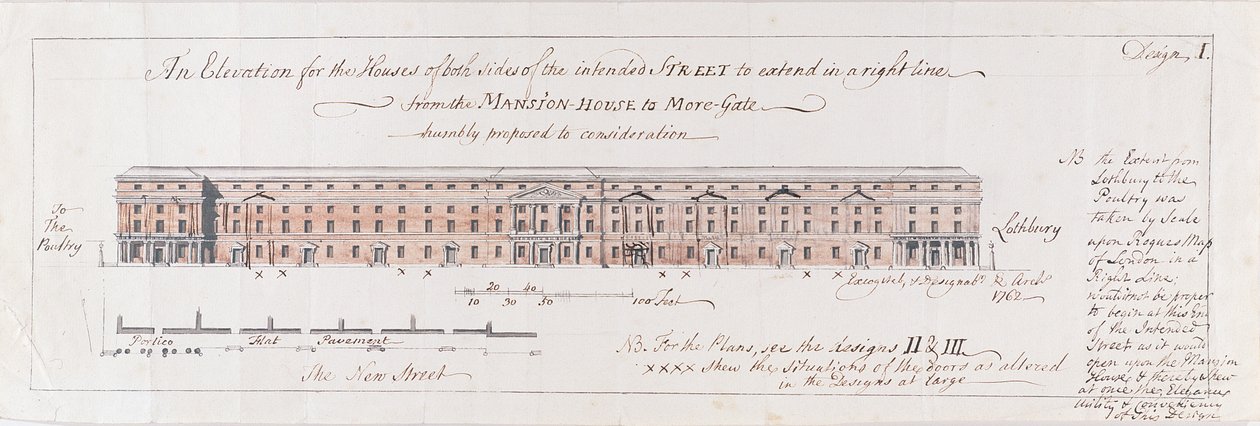 Design för husen på båda sidor av den avsedda gatan att sträcka sig i en höger linje från Mansion-House till More-Gate ödmjukt föreslagen till övervägande, 1762 (wc över penna och grafit på lagt papper) av Stephen Riou
